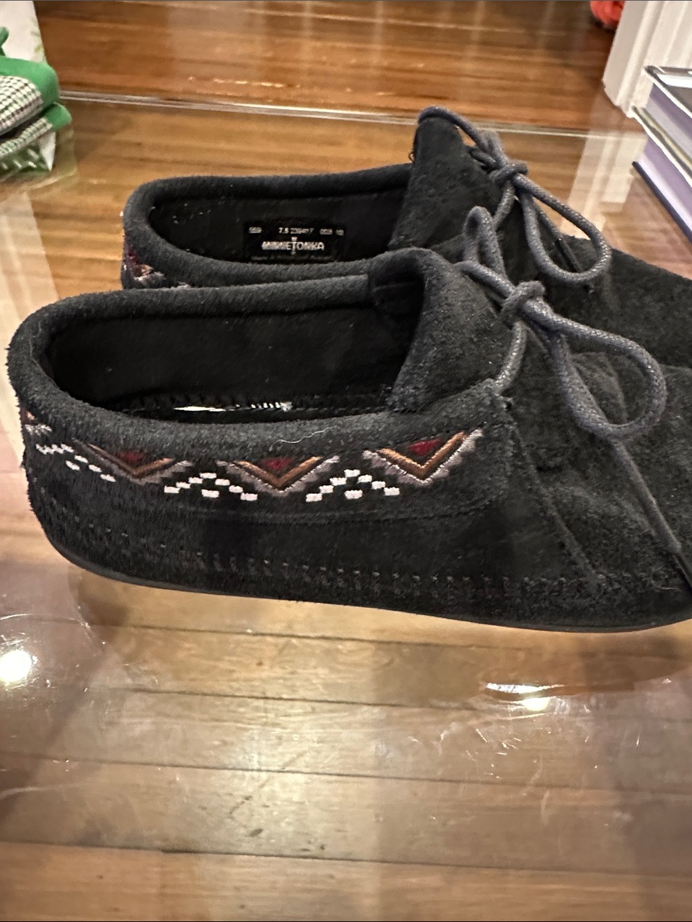Minnetonka Black Suede Moccasin with Embroidered Accent